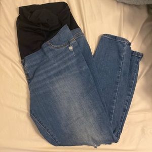 Distressed crossover back maternity pants by Ingrid & Isabel